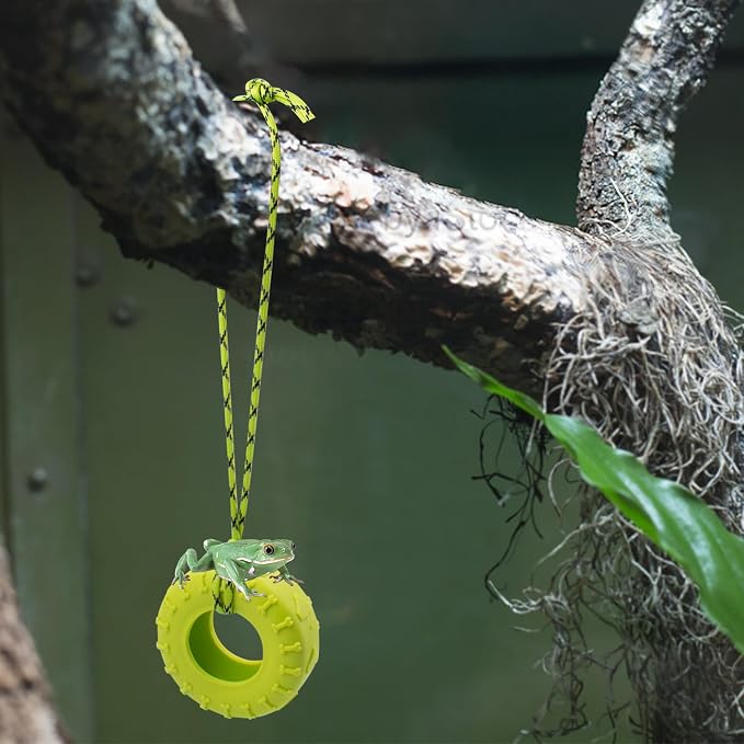 2 PCS Tree Frog Toy Tire Swing Habitat Miniature with 2 Suction Cup Hook Frog Tank Accessories Terrarium Decor Climbing Swing Reptile Amphibian Crustacean Climbing Toy