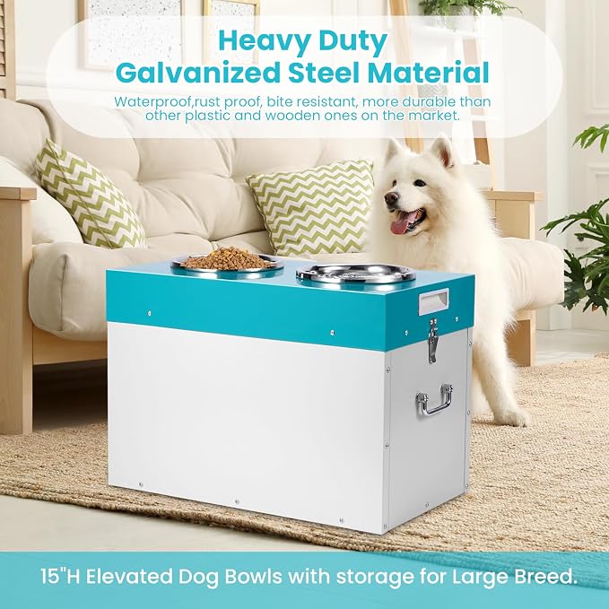 Elevated Dog Bowls with Storage Large Breed 15" H Raised Dog Bowl | 2 In 1 Pet Food Storage Container & Feeder, Galvanized Pet Feeder Feeding Station, Waterproof, Leak-proof, Holds Up To 45 Lbs