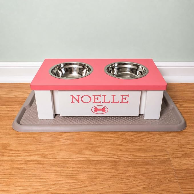 Elevated Dog Bowls for Small Dogs, Personalized Food Stand for Toy Breed | Farmhouse Style, Elevated Wood Stand, Storage Container, Stainless Steel Bowls, Raised Anti-Slip Feeder, Made in USA