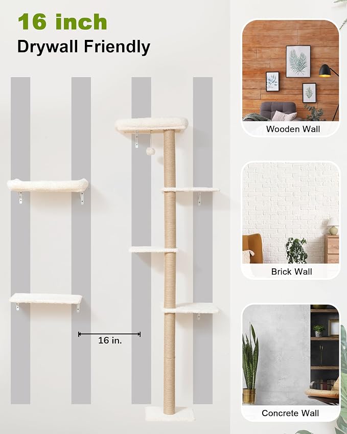 FUKUMARU Cat Wall Shelves, Stable & Safe 7 in 1 Cat Furniture Set, Wooden Climbing Wall with Scratching Post for 16 Inch Drywall - Beige
