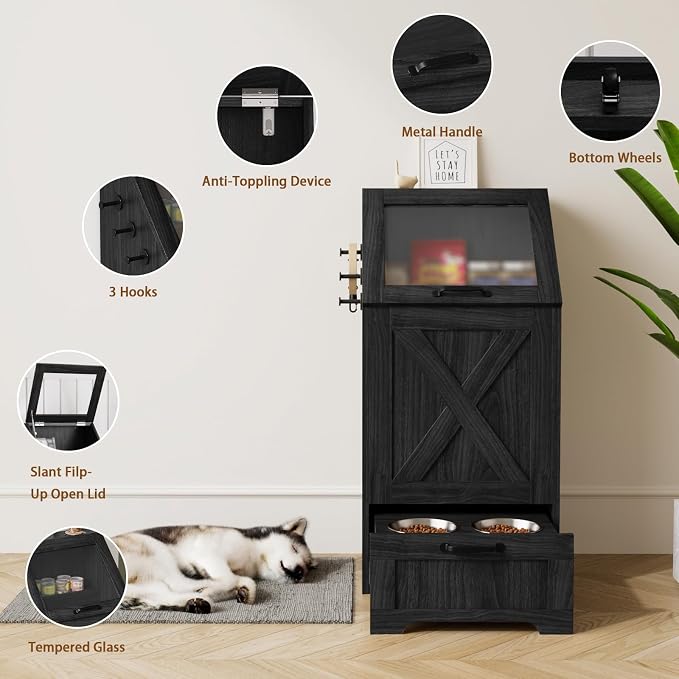 Black Dog Feeding Station with Storage & Bowls | Pet food cabinet, 2 elevated bowls, 3 hooks, glass flip cover, anti-tipping device, for dogs.