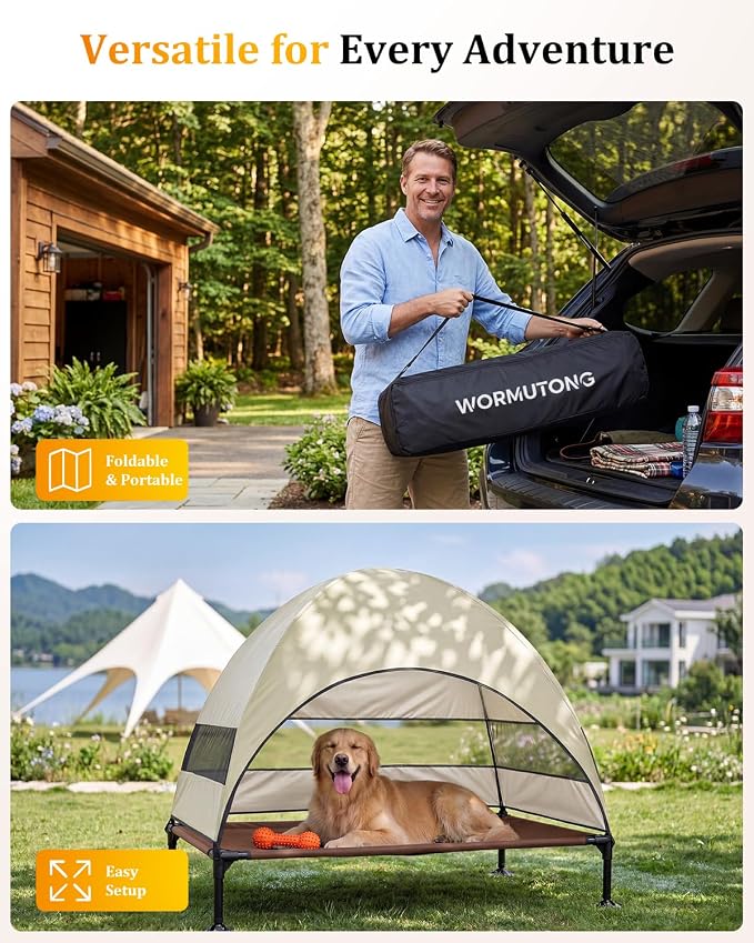 Elevated Outdoor Dog Bed with Canopy, Raised Dog Cot with Stable Adjustable Feet, Dog Camping Bed with Larger Shade, Lifted Dog Tent Bed with Canopy for Outside (Beige, Large)