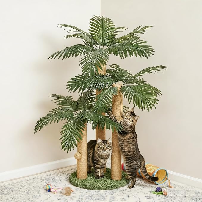 LEMONDA 31.5Inch Cat Scratching Post,Cat Scratcher Tree with 3 Scratching Poles & 2 Interactive Dangling Balls,Cats Scratching Posts for Indoor Kitten & Adult Cats