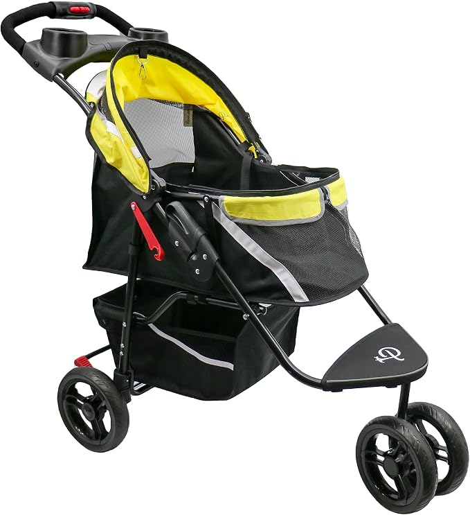 Petique Revolutionary Durable Pet Stroller, Easy Fold, Quality mesh Windows, Large Storage Basket, Secure Cup Holder Tray, Small/Medium Dogs, Cats and Pets, Supports up to 55LBS - Sunshine (Yellow)