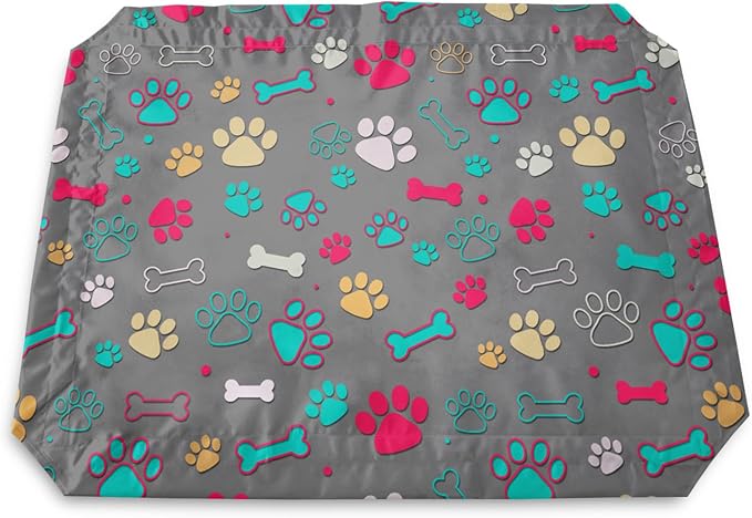 QOOMO Elevated Dog Bed with Cooling Fabric, Pet Cot for Small and Big Dogs, Indoor and Outdoor Use, Joint Relief, Cute Printed Cushion Included (Colored Paw Prints, 35.43" L*25.59" W*8.27" Th)