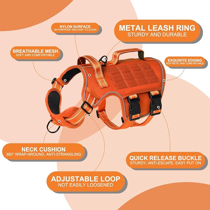 Dog Harness for Large Dogs, No Pull Tactical Vest with Front Clips | Easy Contrl Handle, Breathable Soft Padded, Adjustable, Reflective, Heavy Duty, Easy Take On & Off, Orange X-Large