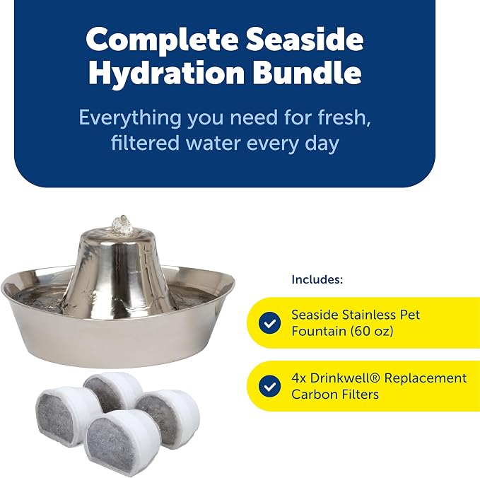 PetSafe Seaside Stainless Cat & Dog Fountain - Extra Water Filters & 1 Pump Included, Tower Creates Soothing Flow for Pets, Scratch-and Rust-Resistant Material Inhibits Pet Acne, 60 Oz Water Capacity