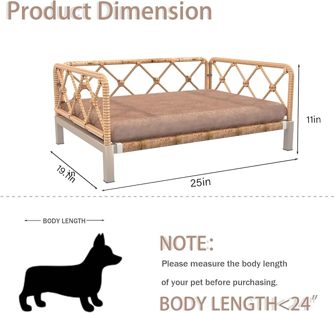 Elevated Waterproof Dog Beds with Egg Crate Foam Support Pet Bed, Outdoor Dog Sofa Bed PE Wicker Orthopedic Pet Couch Bed with Washable Removable Cushion for Medium, Small Dogs, Brown
