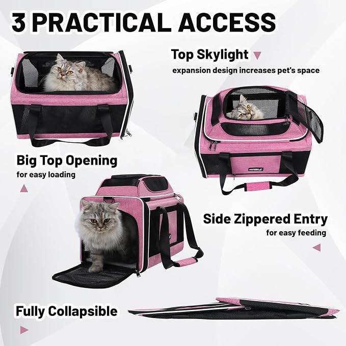 Top-Expandable Cat Carrier 18x11x11, United Delta American Airline Approved Dog Travel Carrier, Soft-Sided Pet Carry Bag Under-Seat in Cabin, Puppy Airplane Crate TSA Plane Kitten Cage Pink