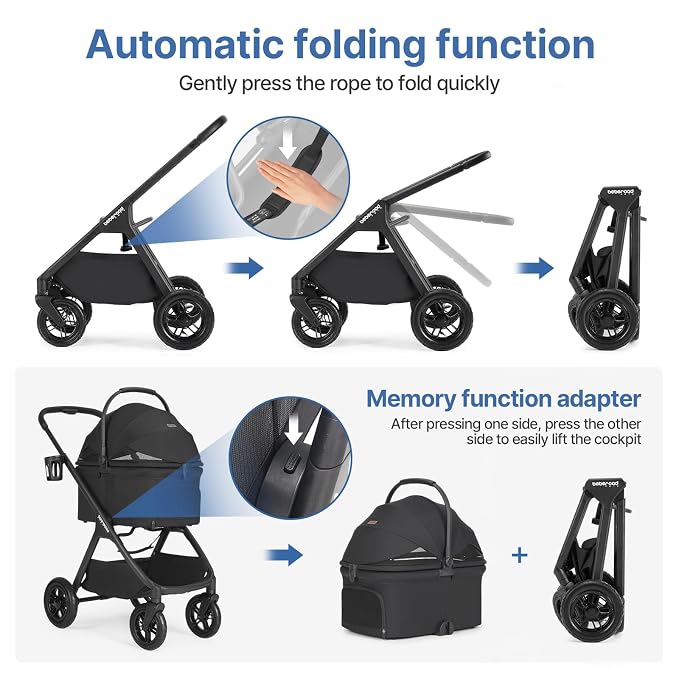 X-5 Pet Stroller with Inflatable Wheels for Medium Pets Black | Adjustable Handle, 55lbs Load, 3-in-1 Detachable Carrier, All-Terrain Inflatable Wheels, One-Touch Fold