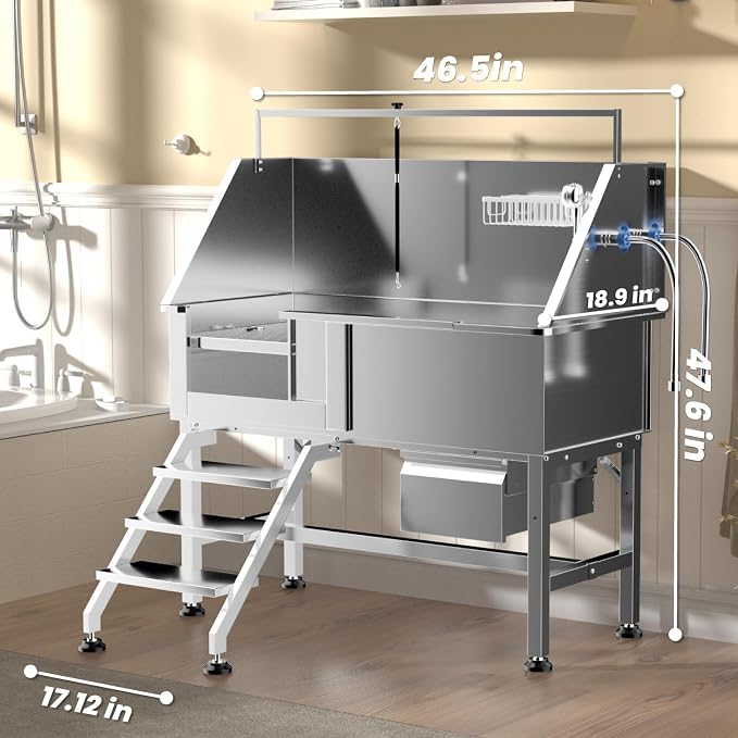 46" Dog Wash Station, 304 Stainless Steel, Side Stair, 440 lb | Storage Drawer, pet grooming tub, hot cold faucet, fixed sprayer, shampoo dispenser, S-trap, hair filter, garage outdoor use