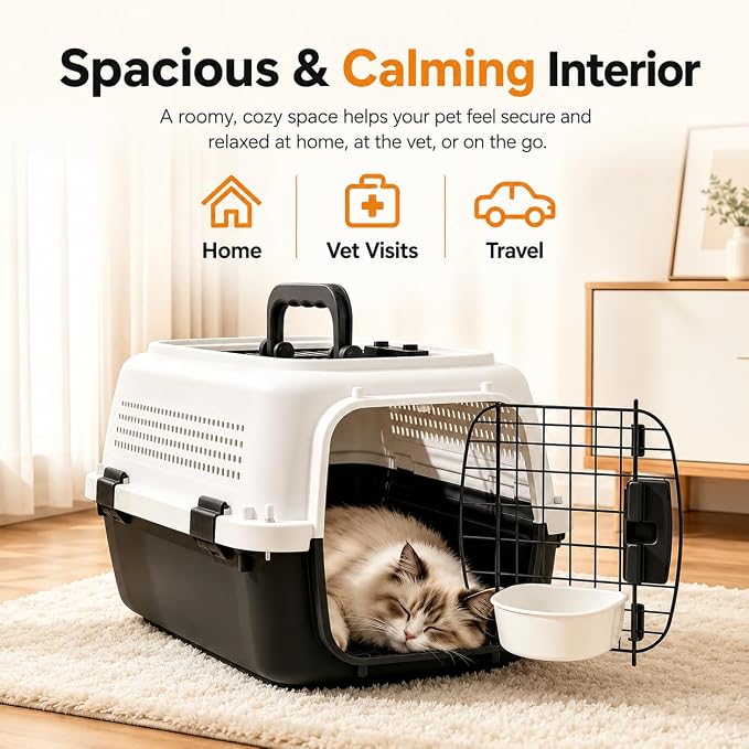 23" Airline Approved Cat Carrier Hard Shell, Dual-Entry Pet Carrier with Top & Front Doors, Detachable Food Bowl & Secure Lock, Breathable Dog Carrier for Cats & Small Dogs Up to 22 lbs - Black