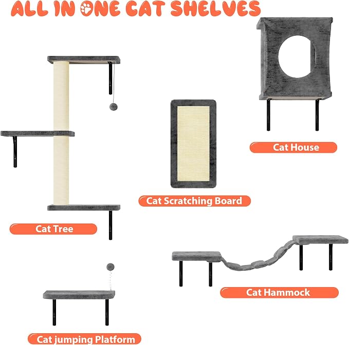 5 Pcs Cat Wall Shelves Set, Wall-Mounted Climber with Cat House, Scratching Post, Bridge, Hammock, Space-Saving Play Furniture, Gray