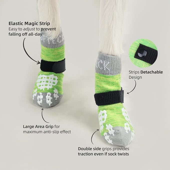 PUPTECK Anti-Slip Dog Socks with Double Sides Grips for Small Medium Large Dogs Hardwood Floors Prevents Licking, Dog Shoes for Hot Pavement Traction Control for Senior Dogs, Fluorescent Green, L