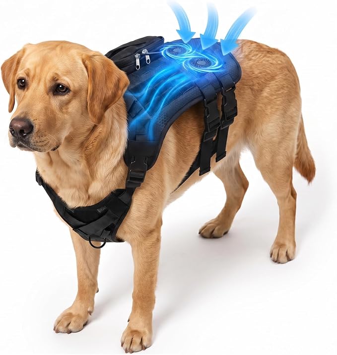Dog Cooling Vest, Built-in Fan Tactical Harness for Outdoor Heat Relief | 3D Breathable Mesh, Continuous Cooling for Outdoor Activities, Fits Medium Large Dogs, 5V Power Bank Required (Not Included)