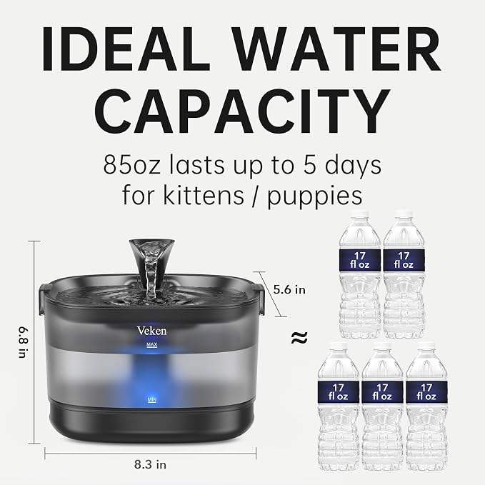 Veken Cat Water Fountain with Detachable Tank & Secure Clips, Easy to Clean & Assemble, 85oz/2.5L Pet Drinking Dispenser with Quiet Operation & LED Light, Gifts, Cats, Dogs and Small Pets, Black