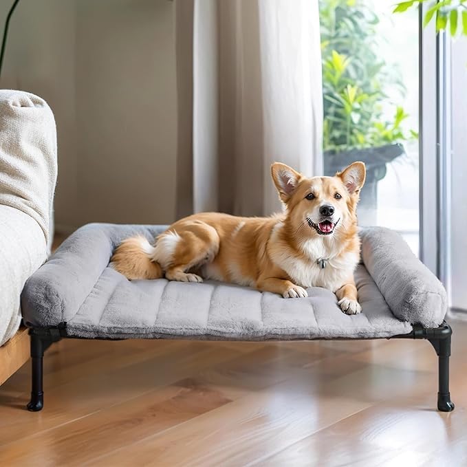Veehoo Elevated Dog Beds Medium Sized Dog with Fluffy Plush Bolster Cushion | Orthopedic Raised Dog Beds for Indoor Outdoor, Soft Pet Sofa Cot with Removable Washable Mat, No-Slip Feet, 32" x 25", Grey