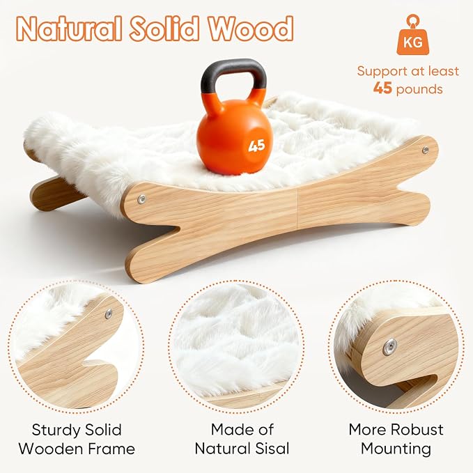 Plush Elevated Cat Bed - Cozy Raised Cat Hammock with Solid Wood Frame, Soft Furry Cushion for Indoor Cats & Small Dogs, Multi-Color Options(White)