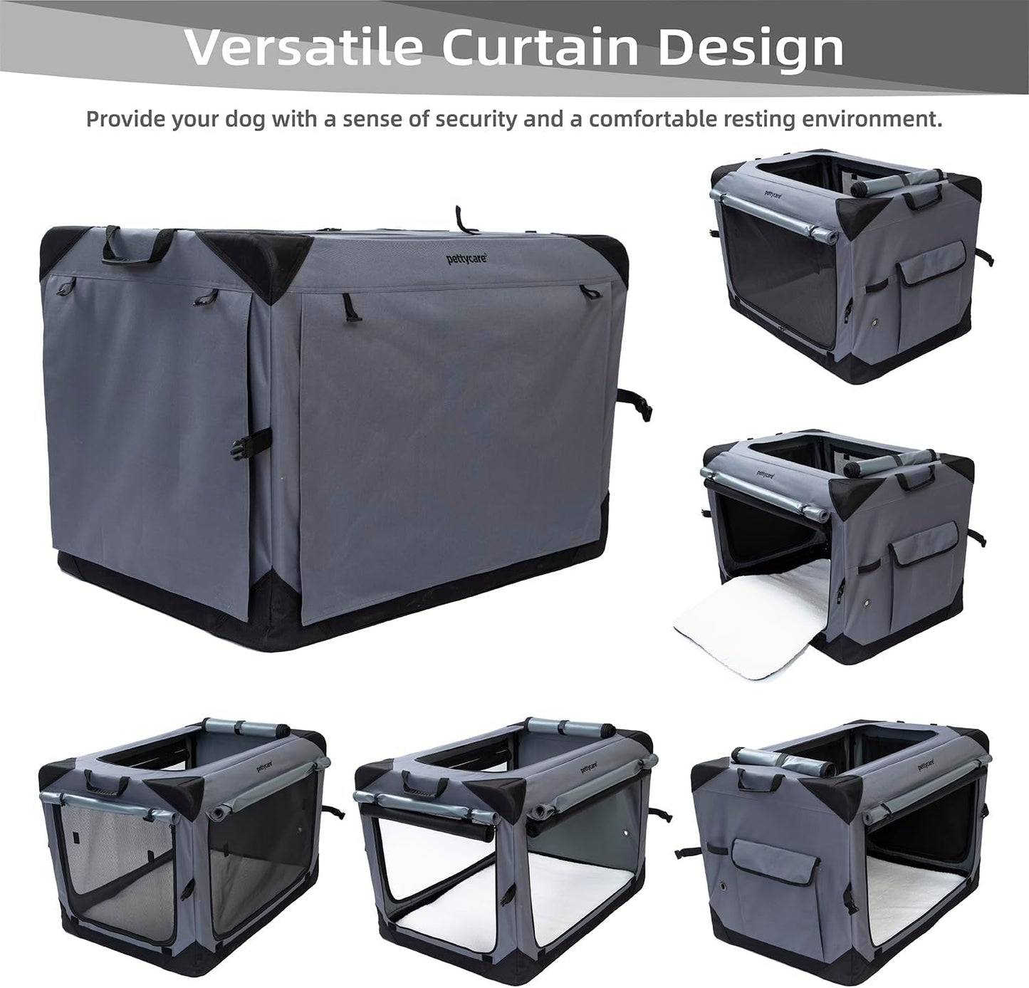 Pettycare 26 Inch Collapsible Dog Crate with Curtains Travel Dog Crate for Airflow and Calm Soft Pet Kennel with Portable Bag and More Chew Proof Mesh Indoor & Outdoor Grey 4 Door Curtains
