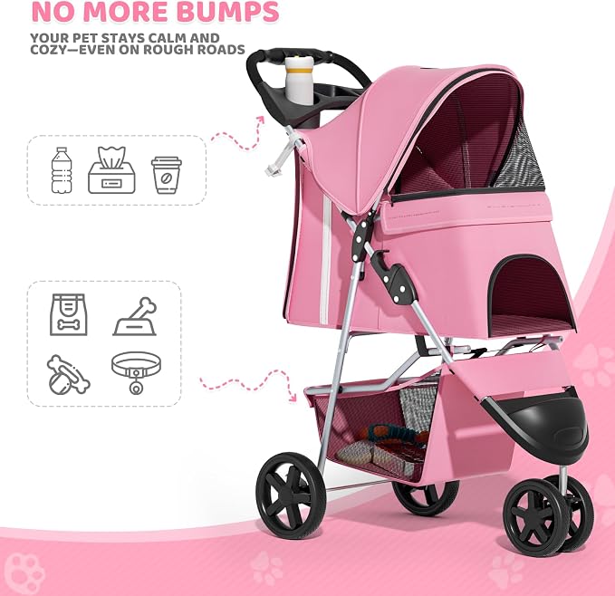 Magshion 3-Wheel Pet Stroller, Foldable Travel Jogger for Small & Medium Dogs & Cats (Up to 33lbs), Lightweight Carrier with Breathable Mesh Cover, Cup Holder & Storage Basket, Pink