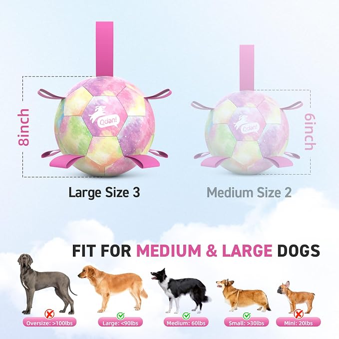QDAN Dog Balls: Herding Ball for Dogs, Outdoor Toys Dog Soccer Ball with Straps, Interactive Pet Toys for World Cup Large Dogs Tug of War, Pet Birthday Gifts,Gradient Rainbow (8 Inch)