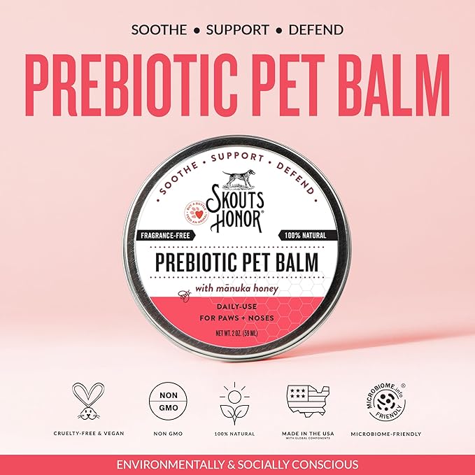 SKOUT'S HONOR Prebiotic Pet Balm - 100% Natural and Made w/Manuka Honey to Promote Healing of Your pet's paw Pads and Nose, Soothes Dry, Itchy Paws and Noses - Safe for Cats and Dogs, 2oz, 2-Pack