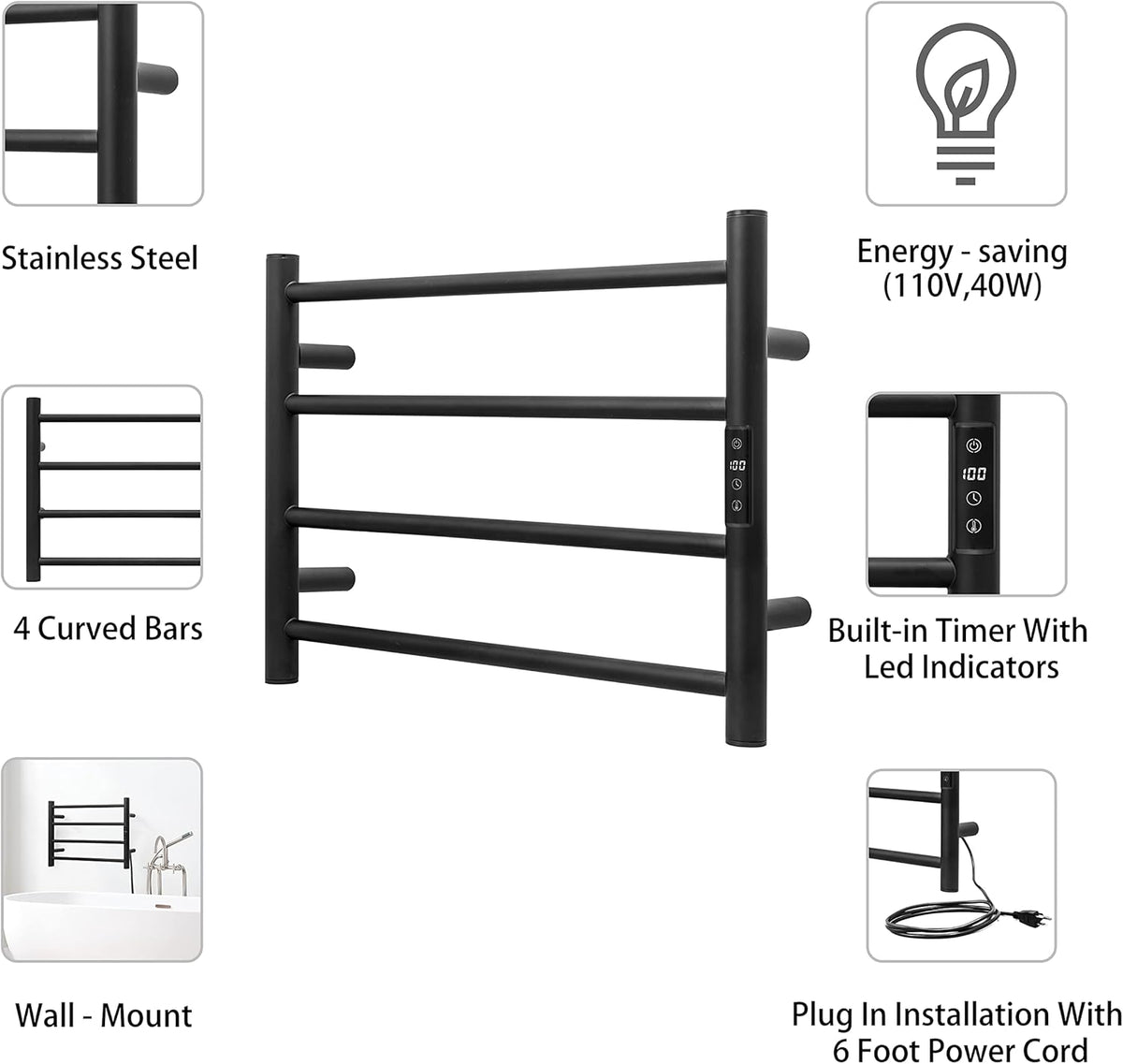 KEG Smart WiFi Towel Warmer Wall Mounted with Built-in Timer and Temperature Adjust Control, 4 Bars Electric Stainless Steel Heated Towel Racks for Bathroom Matte Black