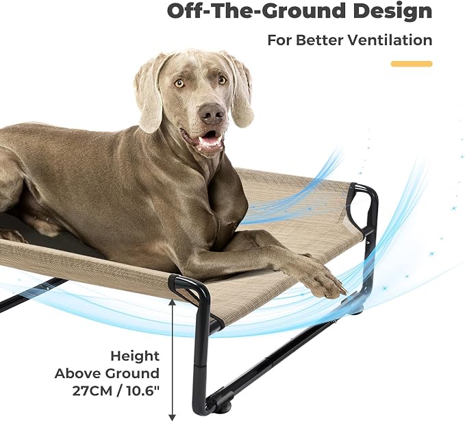 Veehoo Outdoor Elevated Dog Bed, Cooling Raised Dog Beds for Large Dogs | Washable Dog Cot with Headrest Sides, Non-Skid Feet, Breathable Mesh, Cooling Pet Hammock for Indoor or Camping, 59", Beige