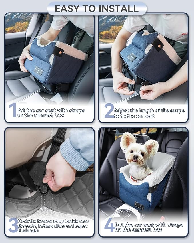 PETSFIT Puppy Car Seat with Washable Cushion, Soft Pillow, Safety Leash | Dual Seat-rail Hooks with Adjustable Straps Help Reduce Shifting, Dog Console Car Seats for Small Dogs Under 8 lbs,Blue
