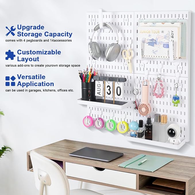 White Pegboard Wall Organizer Kit, 4 Pcs 12 x 12 in ABS Plastic Peg Board Panels with 10 Small Hooks, 2 Big Hooks, 2 Shelves, Wall Mounted Pegboard for Desk, Craft Room, Office and Kitchen Storage