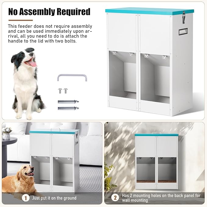 46Lb Gravity Automatic Dog Feeder for 2 Dogs, No Assembly Required | Galvanized Metal Self Feeding Dog Food Dispenser, Double Pet Feeder for Outdoor and Indoor Use