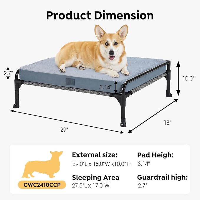 Veehoo Elevated Raised Dog Bed+Removable Dog Bed Mat-Cooling Outdoor Medium Pet Cot Three-Sided Guardrail Raised Pet Cot Elevated Hammock Ded with Bolster-29 x18 Black Silver
