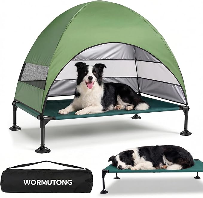 Elevated Outdoor Dog Bed with Canopy, Raised Dog Cot with Stable Adjustable Feet, Dog Camping Bed with Larger Shade, Lifted Dog Tent Bed with Canopy for Outside (Green, Large)