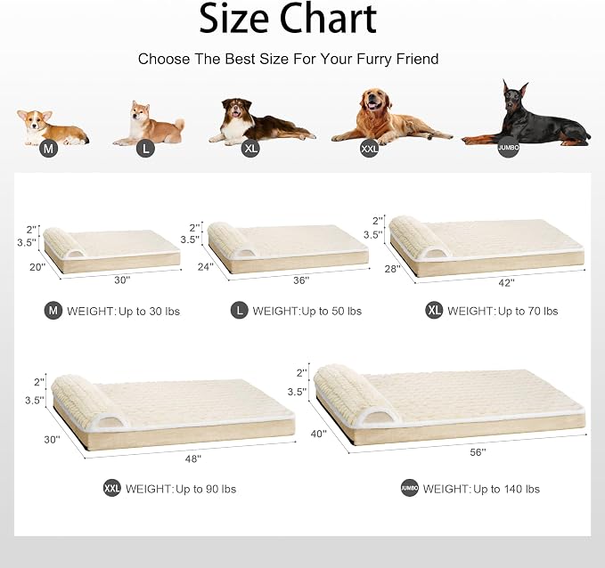 Orthopedic Large Dog Bed Pillow Pet Sofa Bed 56''X40'' Ivory | Egg-Crate Foam Pet Couch Large Sized Dog, Waterproof Removable Washable Cover,Furry Puppy Crate Mat With Nonskid Bottom