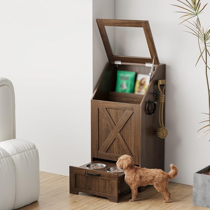 Dog Feeding Station with 2 Elevated Bowls, Dog Food Storage Cabinet with Pet Toy Organizer and Flip Top Pet Feeding Station,Hidden Pet Feeder Station for Cats and Dogs(Walnut)