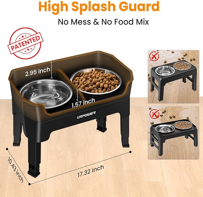 URPOWER 3-in-1 Elevated Dog Bowls - Mess Proof Double Deck 4 Height Adjustable Raised Stand with 2 Stainless Steel Food Bowls & Licking Plate for Small, Medium & Large Dogs (Pack of 2)