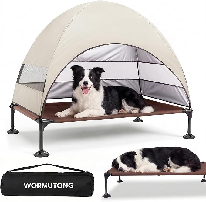 Elevated Outdoor Dog Bed with Canopy, Raised Dog Cot with Stable Adjustable Feet, Dog Camping Bed with Larger Shade, Lifted Dog Tent Bed with Canopy for Outside (Beige, Large)