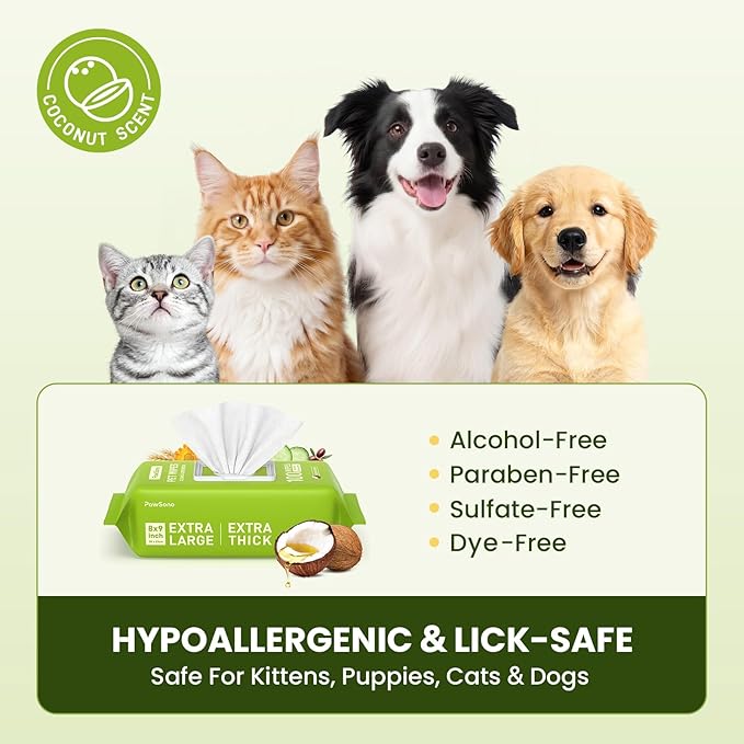 Hypoallergenic Pet Wipes for Dogs & Cats – Quick Clean & Deodorize Paws, Butt, Eyes, Ears, Face & Fur | Daily Grooming After Walks and Between Baths | Extra Large & Thick | Coconut Scented, 100 Count
