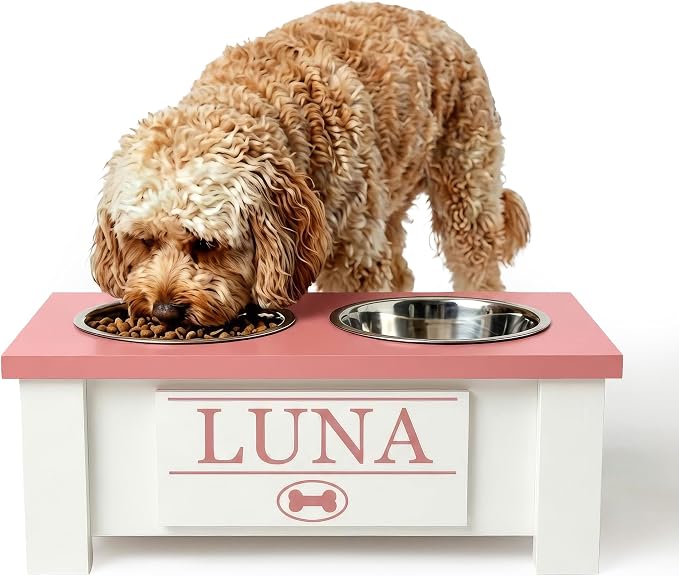 Elevated Dog Bowls for Small Dogs, Personalized Food Stand for Small Breed | Farmhouse Style, Elevated Wood Stand, Storage Container, Stainless Steel Bowls, Raised Anti-Slip Feeder, Made in USA