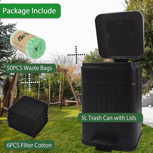 Dog Poop Trash Can for Outdoors Dog Waste Station with Lid Hands-Free Pedal 1 Gallon Container Home Kitchen with 1 Roll 50PCS Litter Bag & 6 Activated Carbon Filter T-5L-F-B