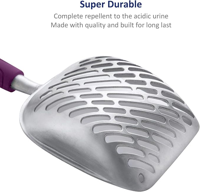 Cat Litter Scoop, Aluminum Alloy Sifter, Kitty Metal Scooper, Deep Shovel with Diagonal Sifting Hole, Long Handle, Kitten Poop Lifter for Litter Box, Large Size, Violet Handle