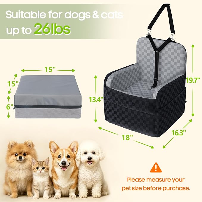 Waterproof Dog Booster Car Seat for Small Medium Dogs up to 26 lbs | 6-Inch Elevated Memory Foam CarSeat, Detachable Washable Cover, Y-Shape Safety Belt, Storage Pockets, Fits in Front/Back Seat