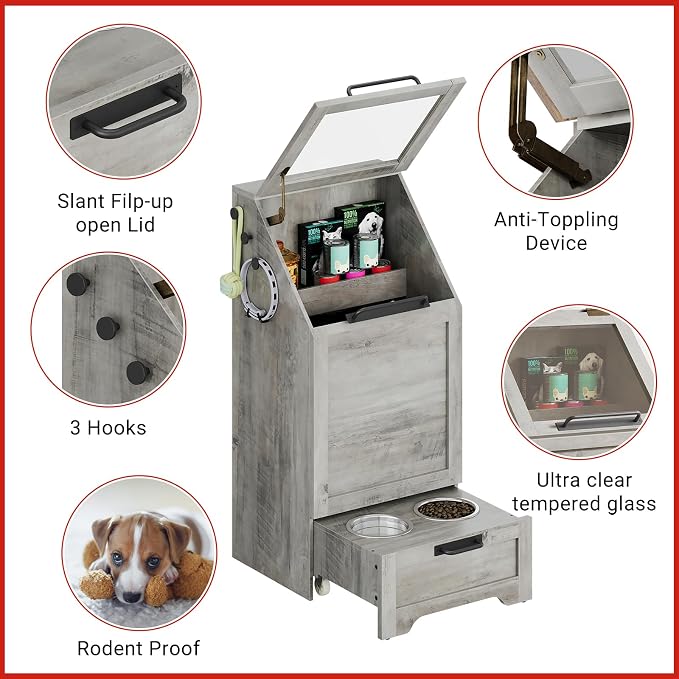 Dog Feeding Station with 2 Elevated Dog Bowls | Pet Feeding Station,Flip Top Pet Food Cabinet,Pet Food Container,Pet Toy Storage Organizer,Modern Storage Organizer, Grey