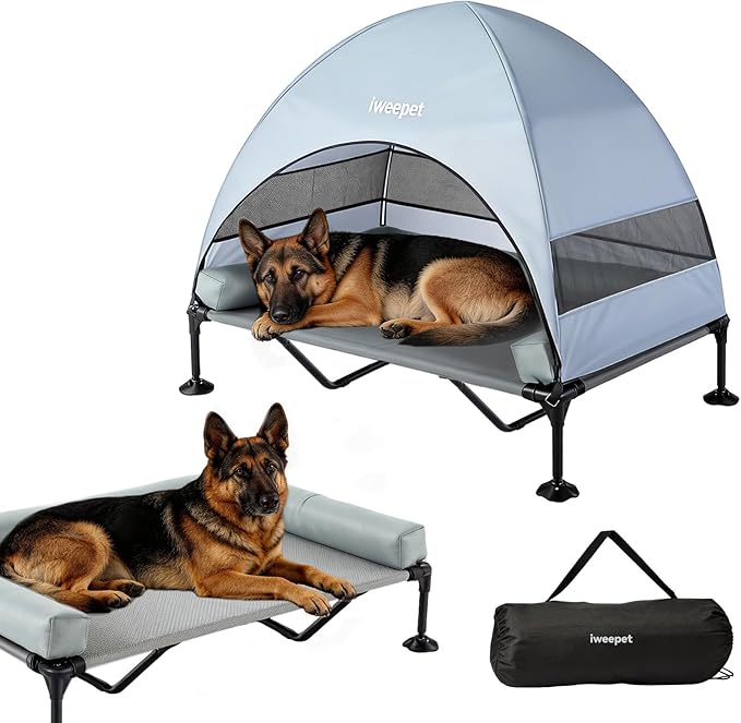 iweepet 4 in 1Elevated Dog Cot with Removable Canopy & Bolster Pillows for Extra Large Dog,Cooling Raised Outdoor Dog Bed with Breathable Teslin Mesh,Carry Bag for Camping,Patio, Backyard, 52''