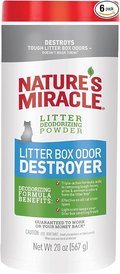 Nature's Miracle Litter Box Deodorizer Powder, Cat Odor Control | Unscented | 20 Ounces | Pack of 6