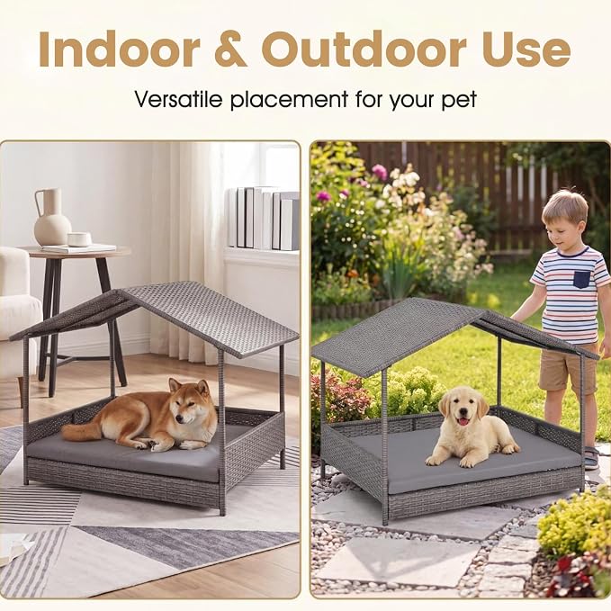Tangkula Wicker Dog House, Indoor & Outdoor Raised Rattan Bed w/Removable Cushion, Washable Cover, Sloping Roof, Rattan Weather Resistant Puppy Shelter w/Elevated Floor for Small Medium Dogs