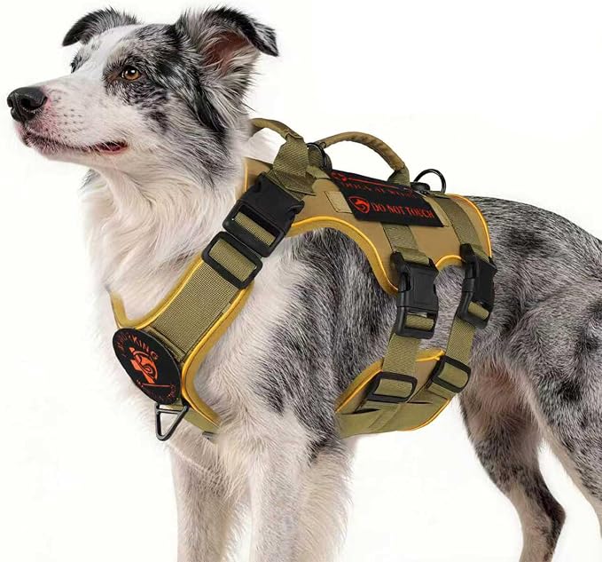 Reflective Tactical Dog Harness with AirTag Holder&3 Pet Patches, Khaki M | Heavy Duty No Pull Dog Harness, Adjustable Dog Harness, Two Handles, Breathable Mesh Padding, Resists Dirt and Stay Clean