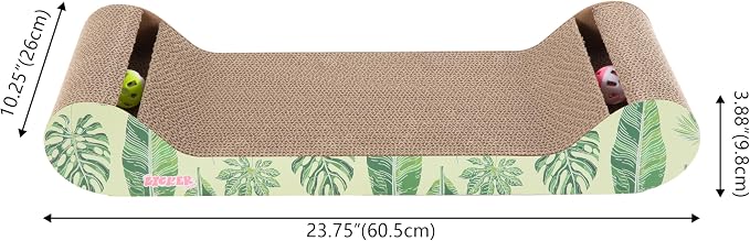 Rini 23.75" Modern Cardboard Cat Scratcher Lounge Bed with Built-in Bell Toys and Catnip, Ergonomic Curved Sofa Design, Mint/Green Leaf Pattern, Set of 2 CSR1003E-SET2