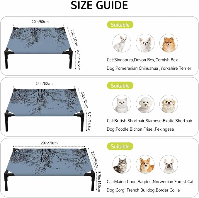 Outdoor Elevated Dog Bed for Small Dogs, Blue Black Branches Breathable Cooling Raised Dog Cot for Indoor/Outdoor, Botanical Dead Tree Birds Waterproof Elevated Pet Beds, S 20 x 20 in