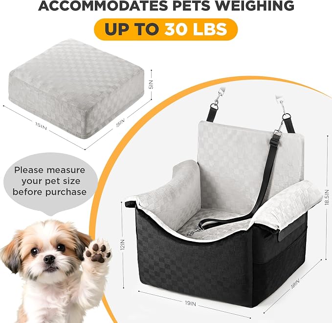 BONTHEE Elevated Dog Car Seat for Small Medium Dogs Under 30 lbs, Memory Foam Elevated Booster Seat with Headrests Support, Travel-Safe Car Bed with Detachable Washable Cover & Safety Belt